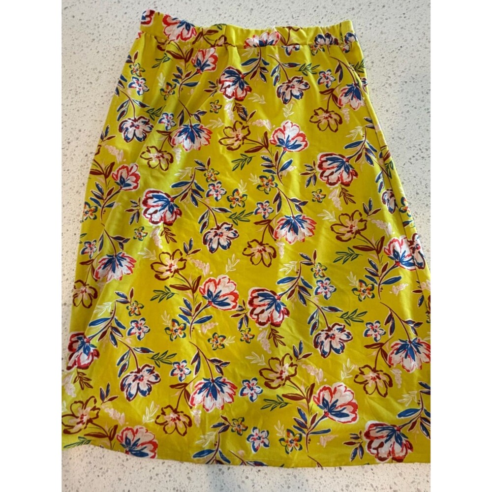 Melissa Paige Yellow Floral Satin Skirt with Blue and Pink Accents M